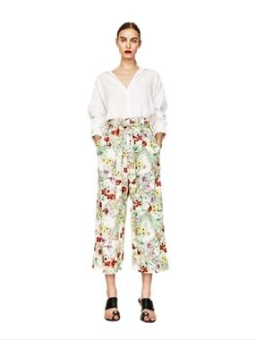 ZARA Woman Wide-leg Floral High Waist Pants XL Spring Boho-chic